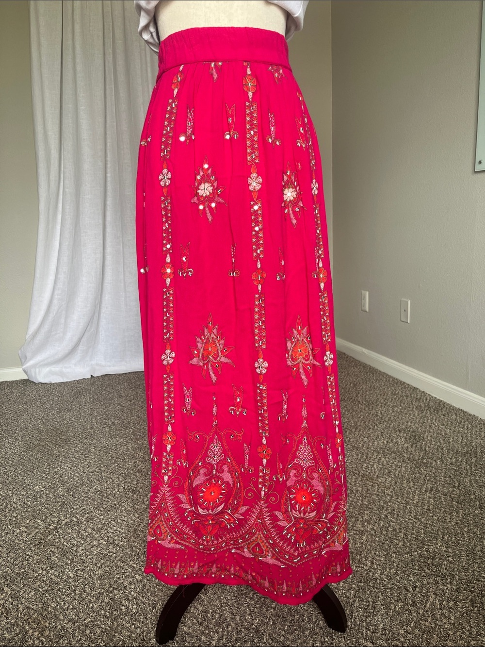 Chico’s Hot Pink Embellished Boho Maxi Skirt SequinS Size 2  L XL